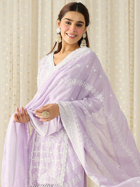 Purple Embroidered Pure Cotton Straight Kurta Sets With Dupatta