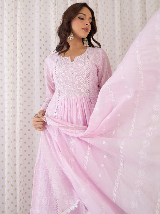 Indo Era Pink Embroidered Anarkali Kurta Trousers With Dupatta Set