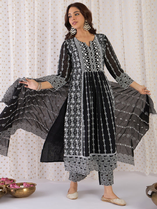 Indo Era Black Embroidered Straight Kurta Trousers With Dupatta Set