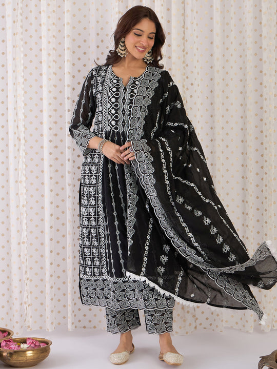 Indo Era Black Embroidered Straight Kurta Trousers With Dupatta Set