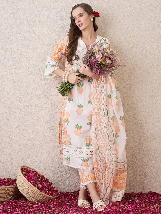 Off White Printed Straight Kurta Trousers With Dupatta