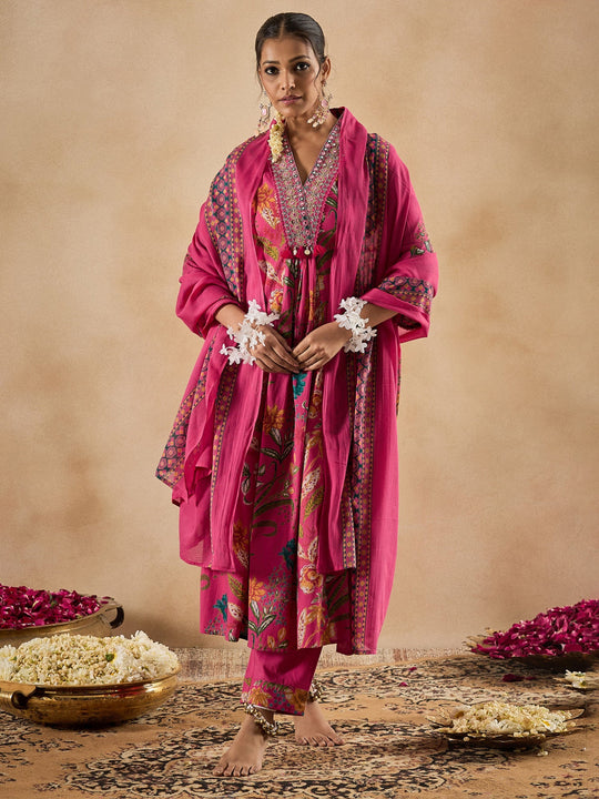 Indo era Rose Embroidered A-Line Kurta Trousers With Dupatta Set