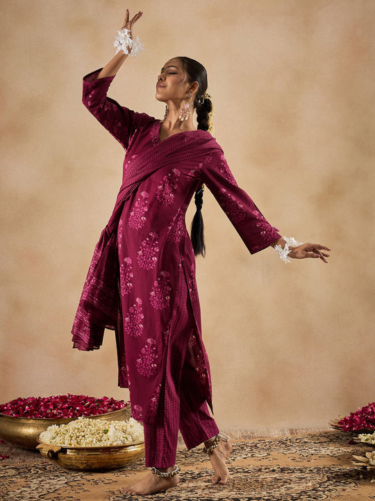 Indo Era Burgundy Printed Straight Kurta Trousers With Dupatta Set