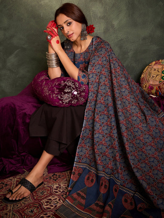 Indo Era Black Self Design Straight Kurta Trousers With Dupatta Set