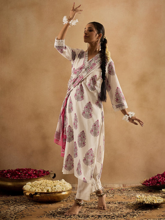 Indo Era White Printed Straight Kurta Trousers With Dupatta Set