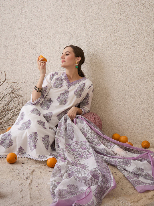 Indo Era White Printed Straight Kurta Trousers With Dupatta Set