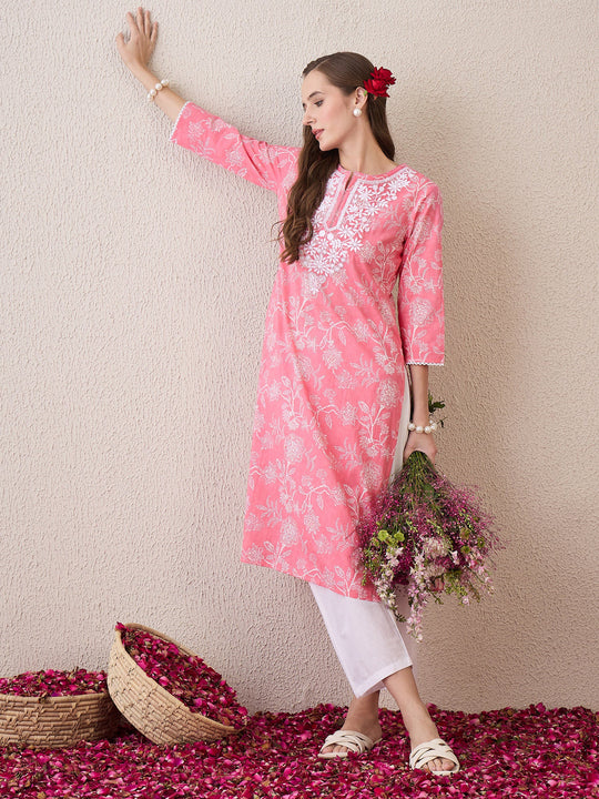 Pink Embroidered Straight Cotton Kurta