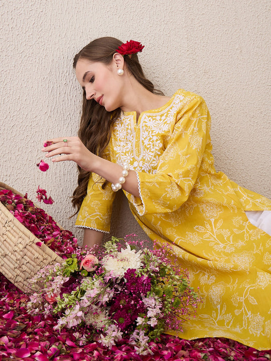 Yellow Embroidered Straight Cotton Kurta