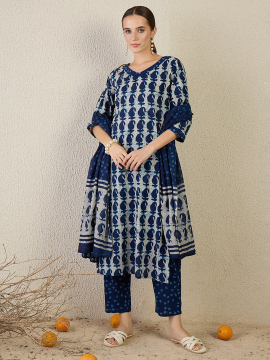 Blue Printed Pure Cotton Straight Kurta Sets With Dupatta
