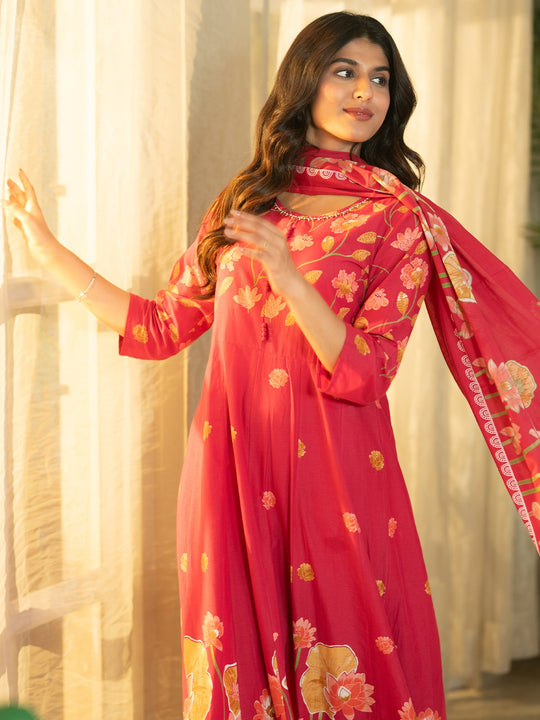 Pink Printed Pure Cotton Anarkali Suit With Dupatta