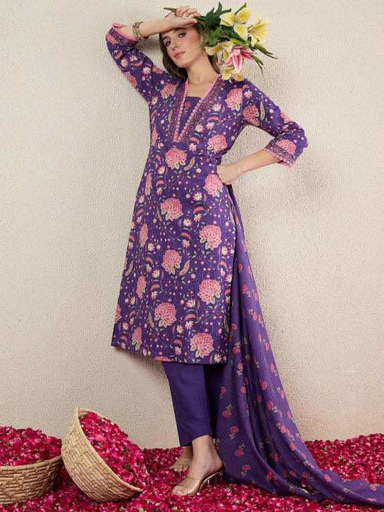 Purple Printed Pure Cotton Straight Kurta Sets With Dupatta