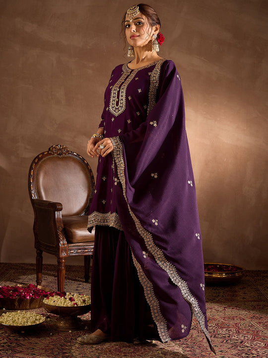 Indo era Purple Embroidered Straight Kurta Sharara With Dupatta Set
