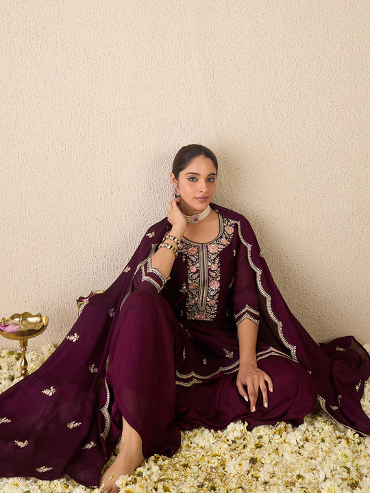 Burgundy Embroidered Straight Kurta Sharara Set With Dupatta