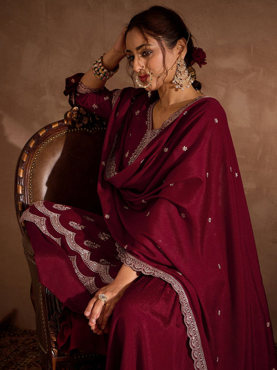 Indo era Maroon Embroidered Straight Kurta Sharara With Dupatta Set