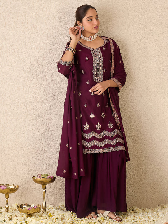 Burgundy Embroidered Sharara Suit With Dupatta