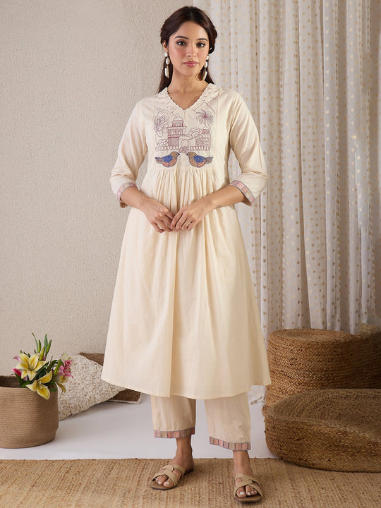Off White Embroidered Viscose Rayon A-Line Kurta Trouser Set