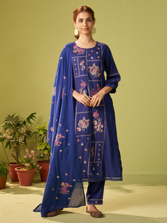 Blue Embroidered Viscose Rayon A-Line Women Kurta Trouser With Dupatta