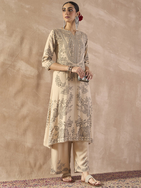 Indo Era Beige Printed Straight Kurta Trousers set