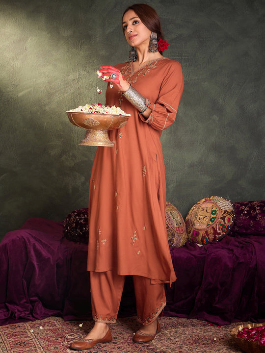 Indo Era Orange Embroidered A-Line Kurta Trousers set