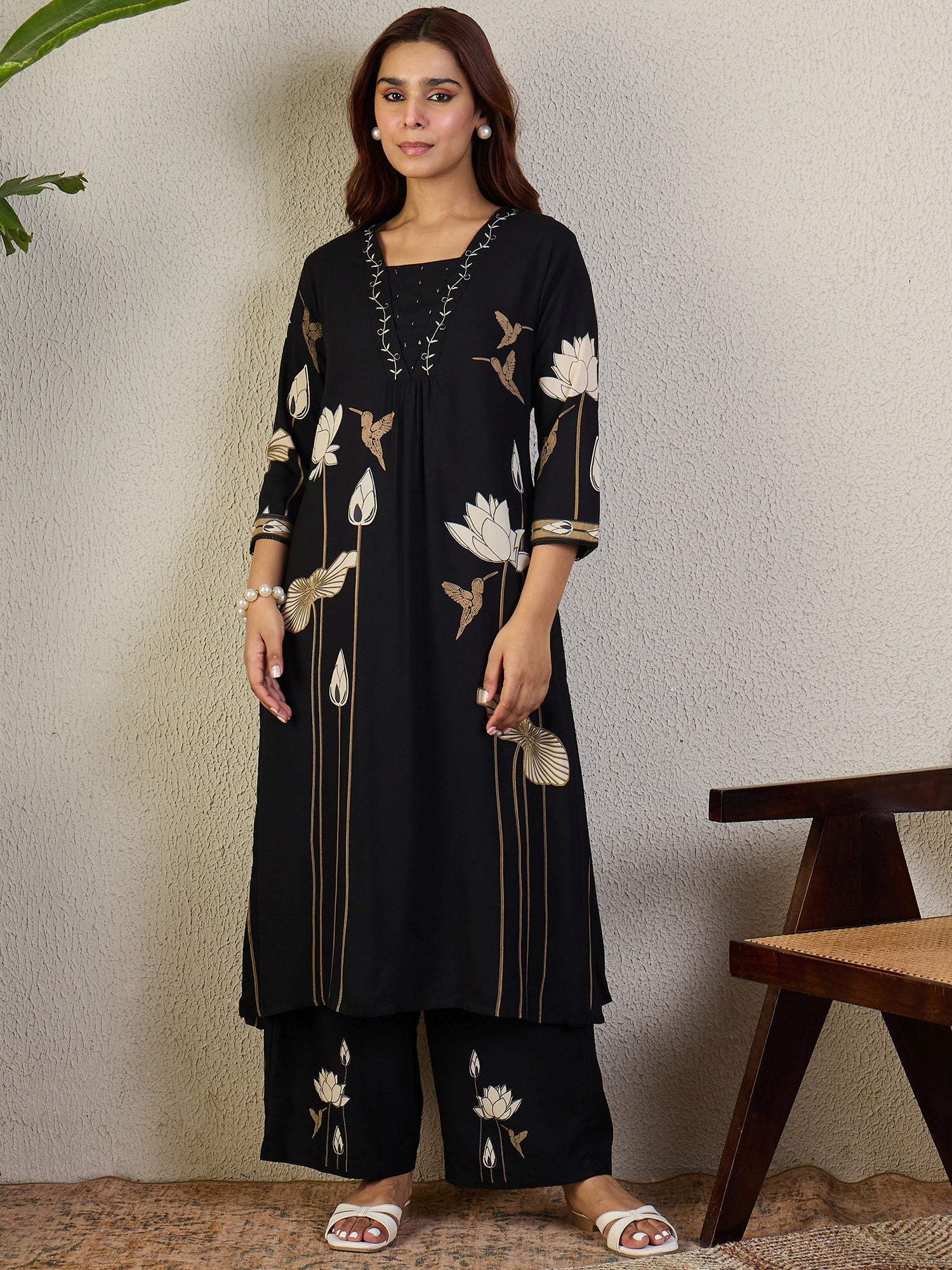 Indo Era Black Embroidered A-Line Kurta Trousers set