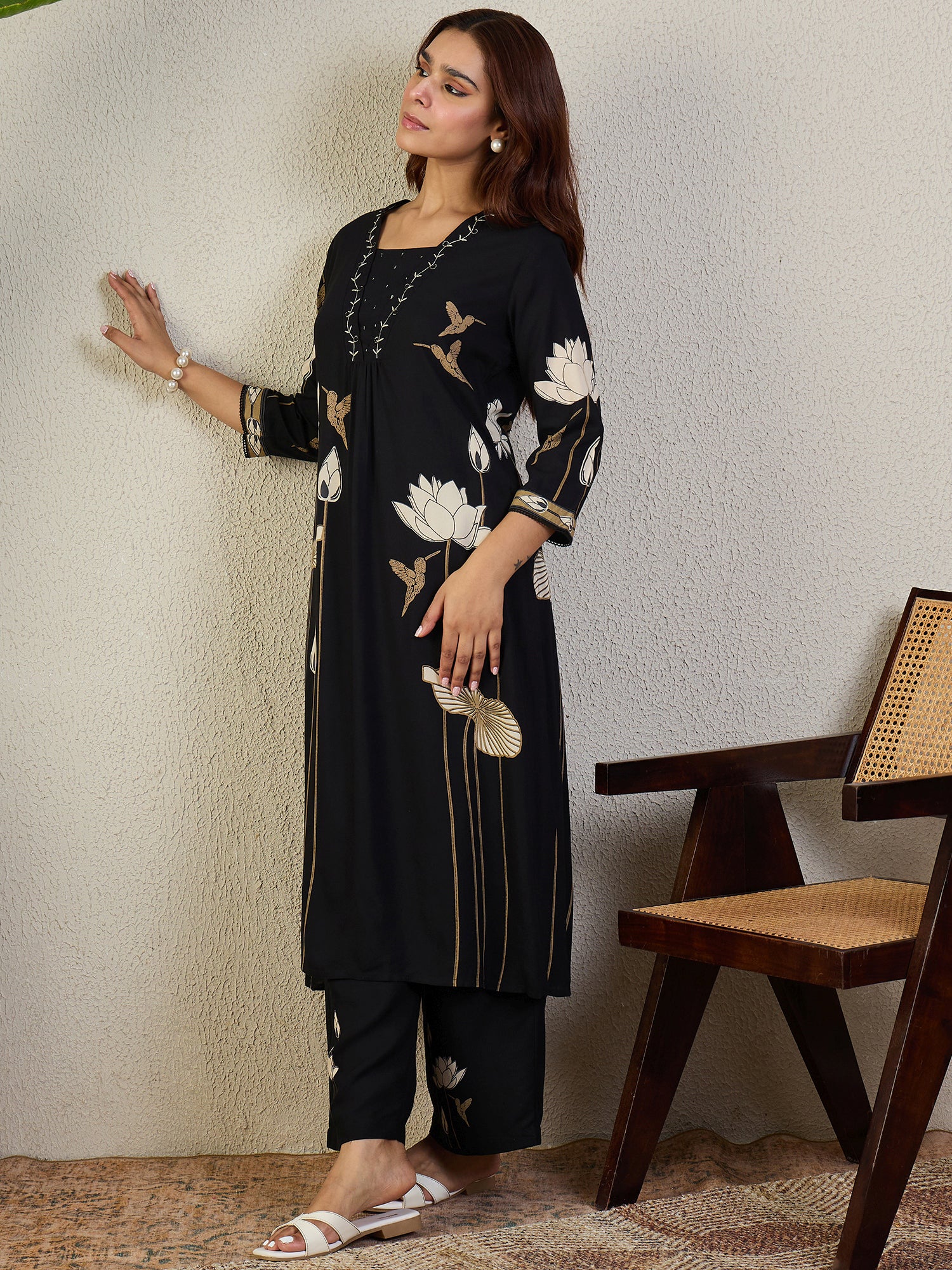 Indo Era Black Embroidered A-Line Kurta Trousers set