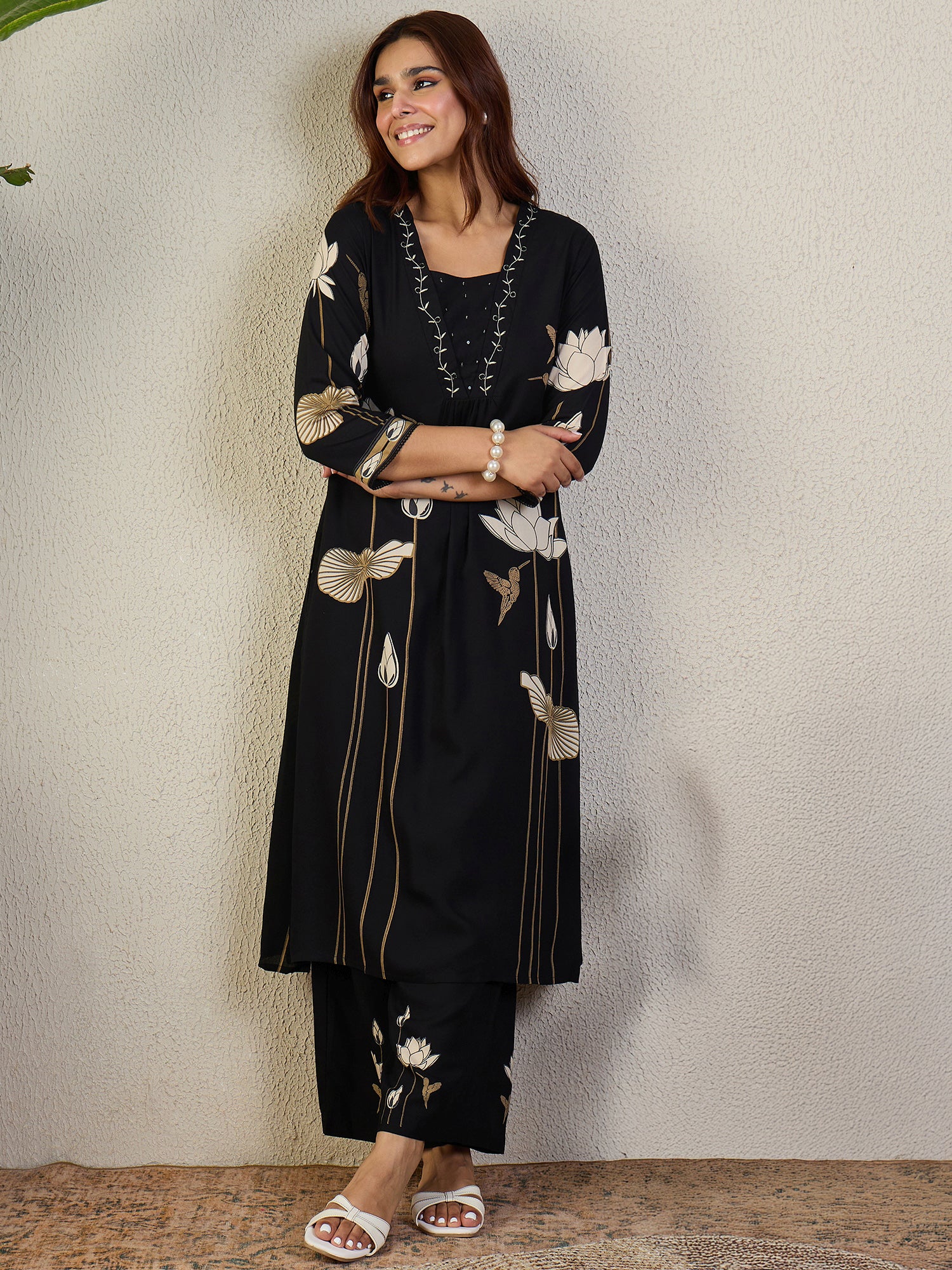 Indo Era Black Embroidered A-Line Kurta Trousers set