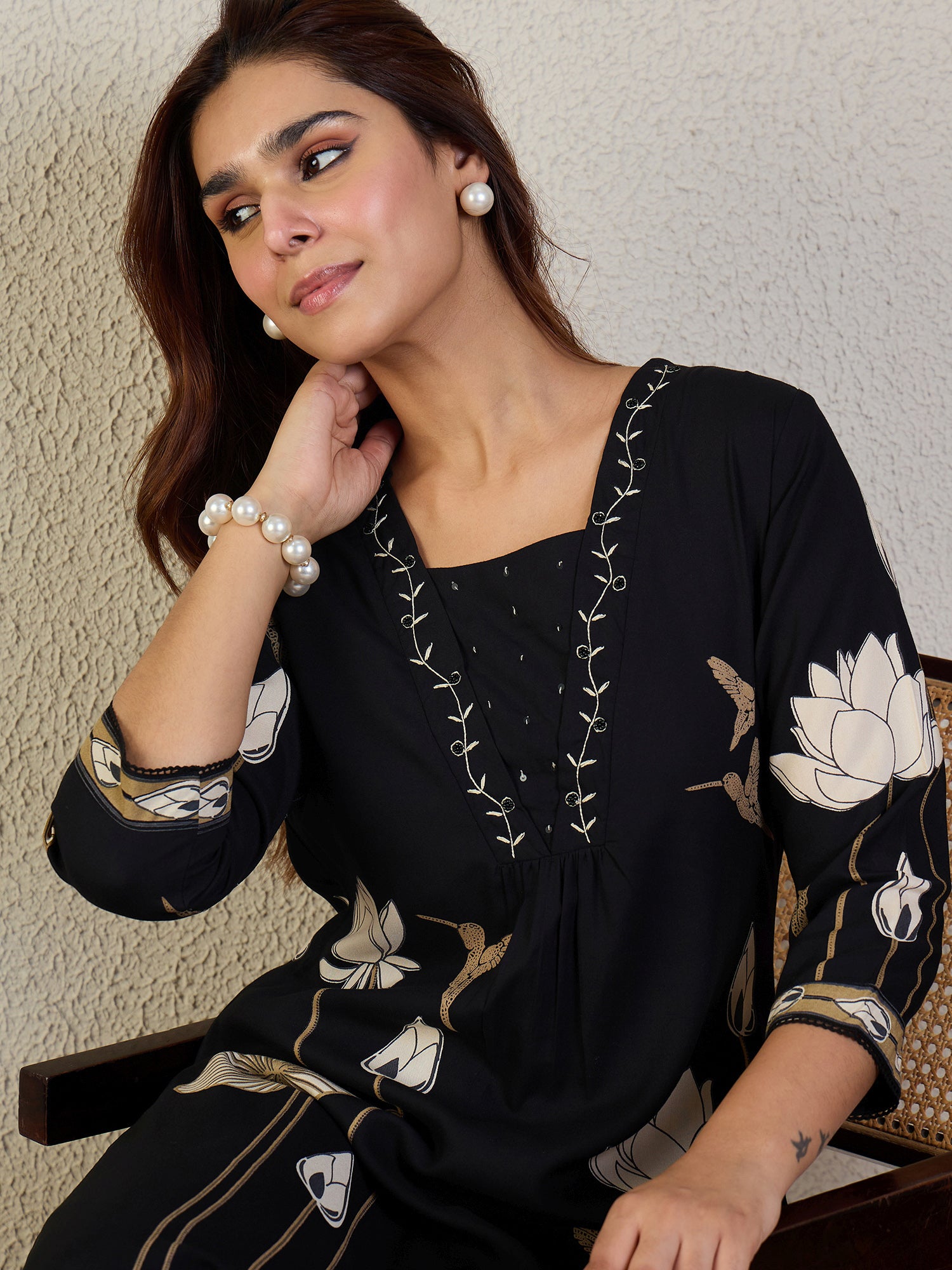 Indo Era Black Embroidered A-Line Kurta Trousers set