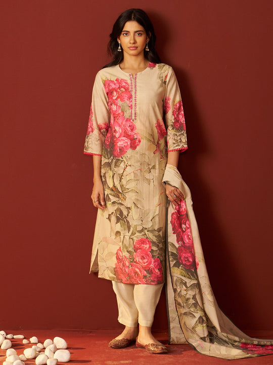 Beige Printed Silk Blend Straight Women Kurta Trouser With Dupatta