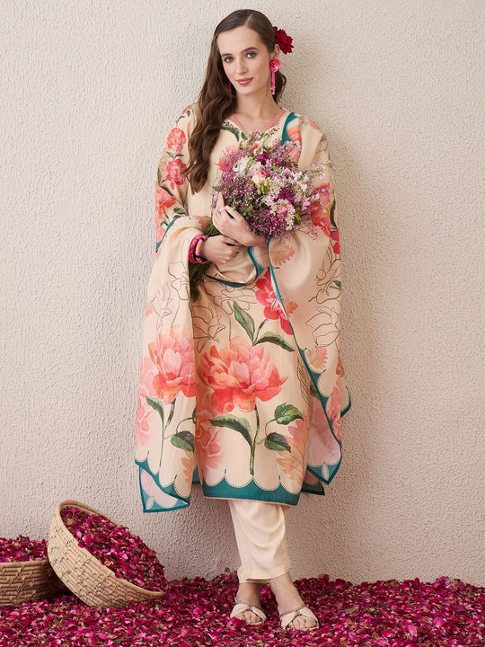 Beige Printed Straight Kurta Trousers With Dupatta