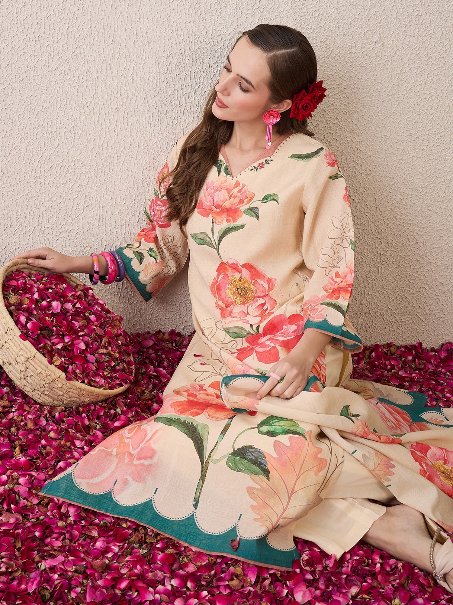indo era, suit, kurta set for women, indo era kurta, kurta sets for ladies, summer dresses for women, 3 piece suit, cotton kurta set for women, new arrivals, women kurti plazo set, women in suit, kurta suit, floral kurta, short suit, spring summer, Beige suit