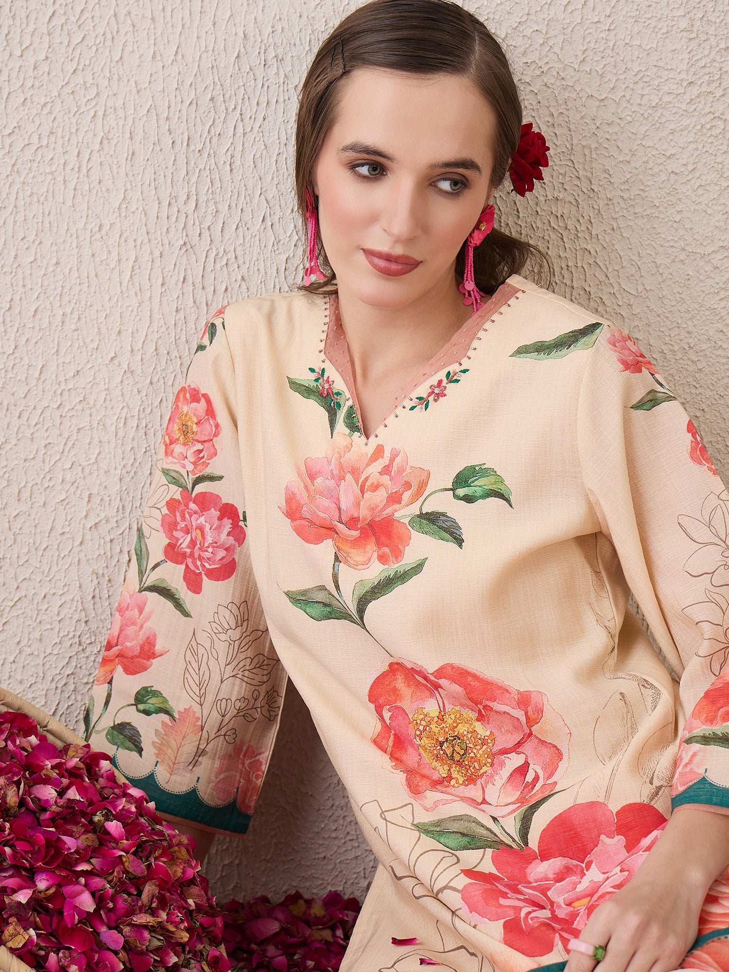 indo era, suit, kurta set for women, indo era kurta, kurta sets for ladies, summer dresses for women, 3 piece suit, cotton kurta set for women, new arrivals, women kurti plazo set, women in suit, kurta suit, floral kurta, short suit, spring summer, Beige suit