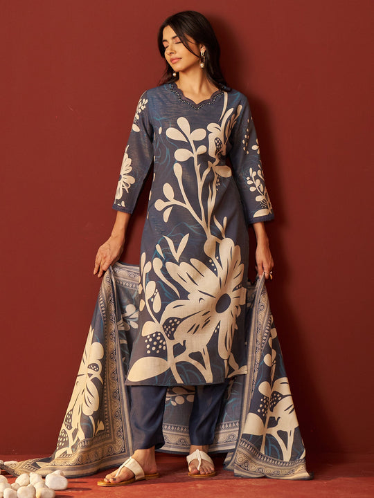 Blue Printed Silk Blend Straight Women Kurta Trouser With Dupatta