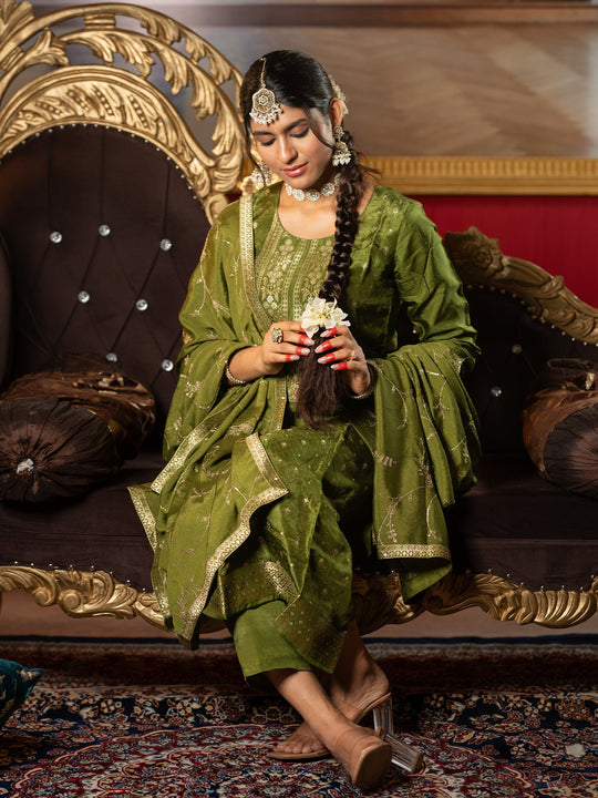 Green Woven Design Straight Silk Blend Suit With Dupatta