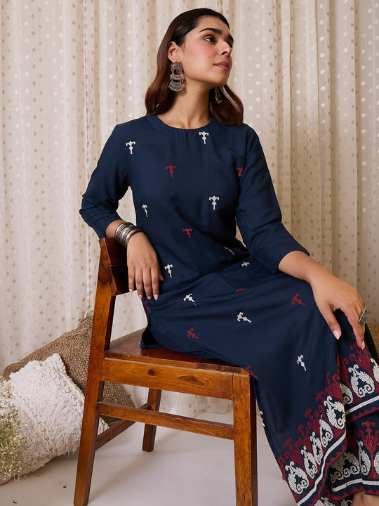 Navy Blue Embroidered Viscose Rayon Straight Kurta Trousers Set