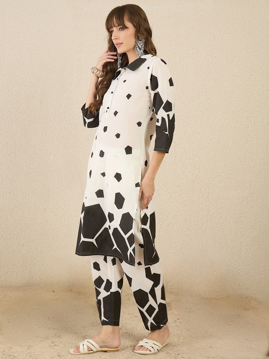 Off White Printed Straight Kurta Set