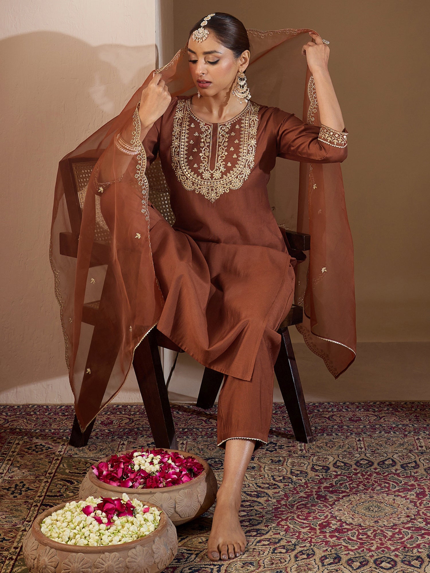 indo era, suit, kurta set for women, indo era kurta, kurta sets for ladies, summer dresses for women, 3 piece suit, cotton kurta set for women, new arrivals, women kurti plazo set, women in suit, kurta suit, floral kurta, short suit, spring summer, Rust suit
