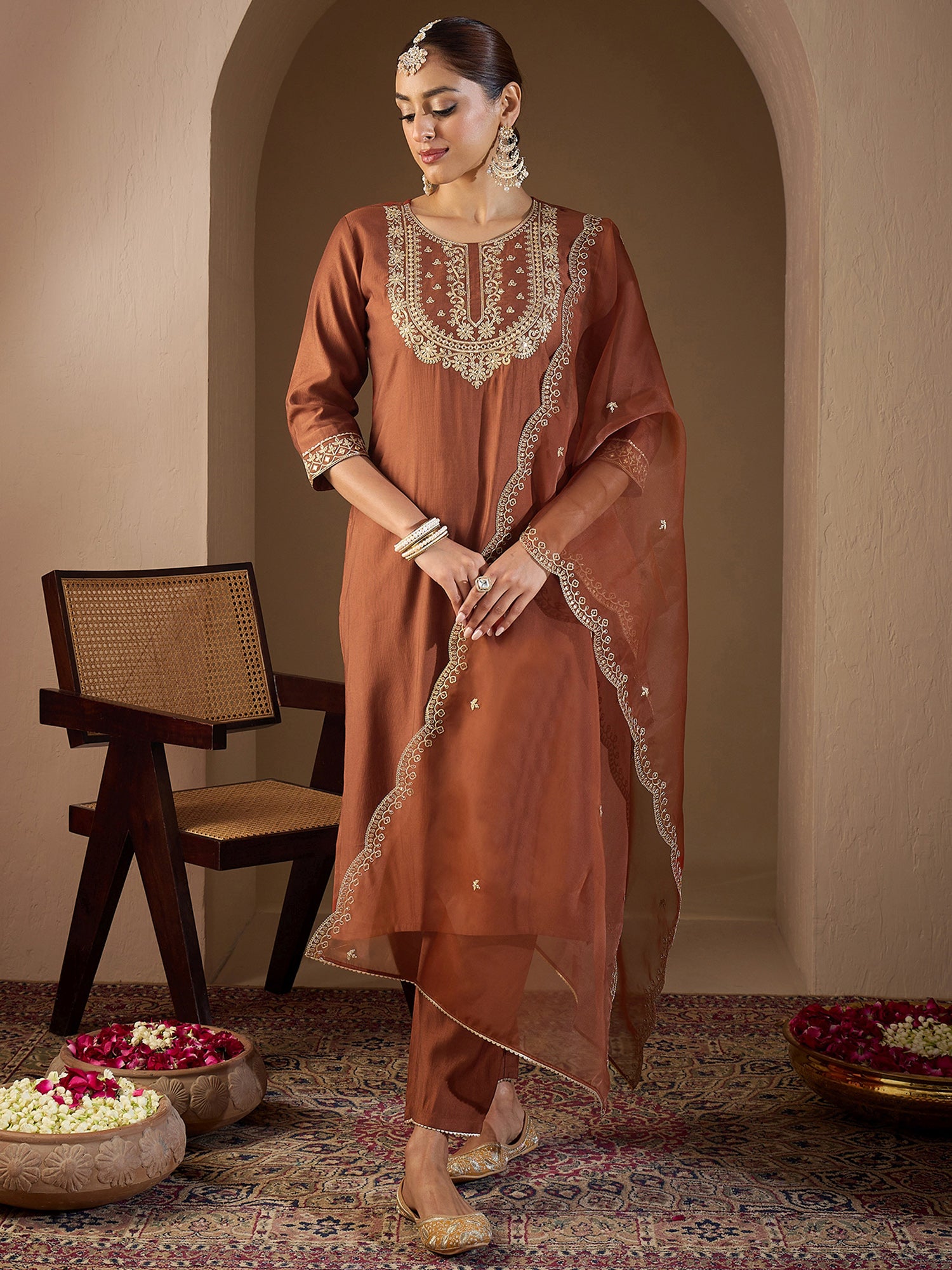 indo era, suit, kurta set for women, indo era kurta, kurta sets for ladies, summer dresses for women, 3 piece suit, cotton kurta set for women, new arrivals, women kurti plazo set, women in suit, kurta suit, floral kurta, short suit, spring summer, Rust suit