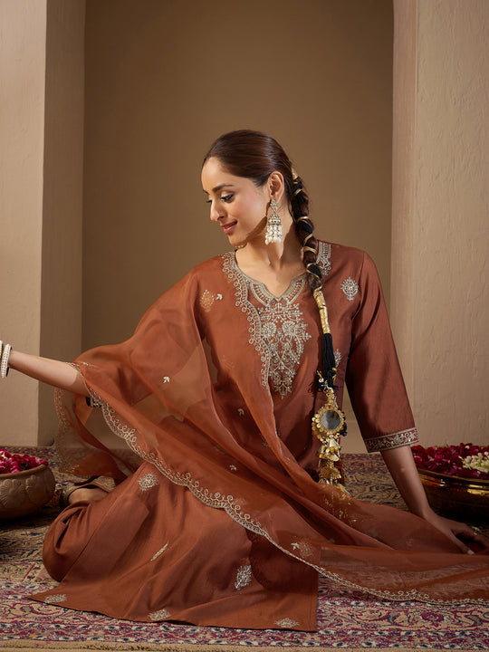 Rust Embroidered Straight Kurta Trousers With Dupatta