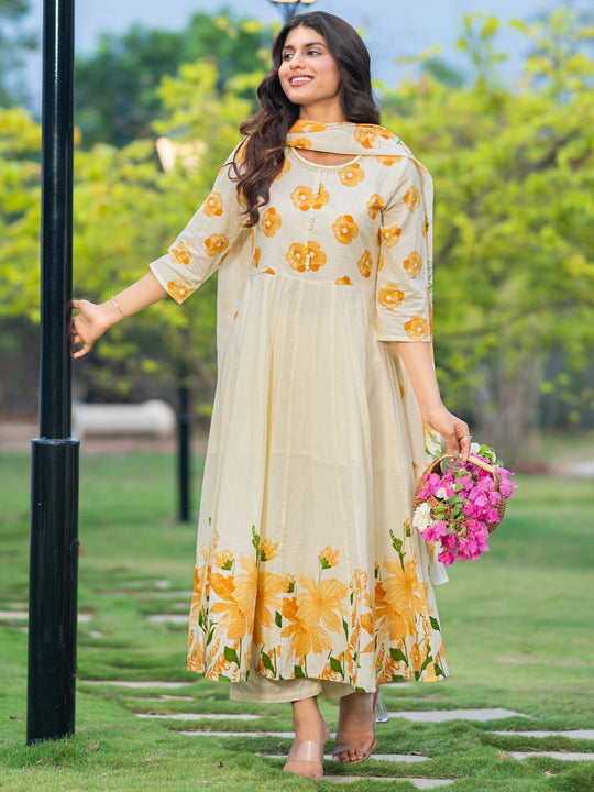 Off White Printed A-Line Pure Cotton Suit With Dupatta