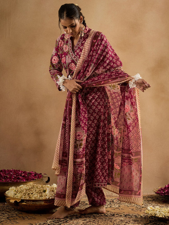 Indo Era Burgundy Printed A-Line Kurta Trousers With Dupatta Set