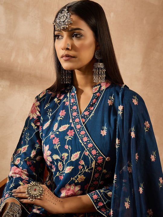 Indo Era Blue Printed A-Line Kurta Trousers With Dupatta Set