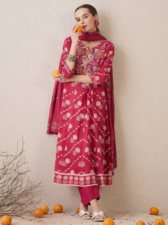 Indo Era Pink Printed Anarkali Kurta Trousers With Dupatta Set
