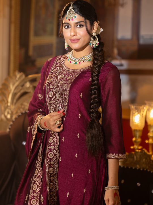 Burgundy Embroidered Straight Suit Set With Dupatta
