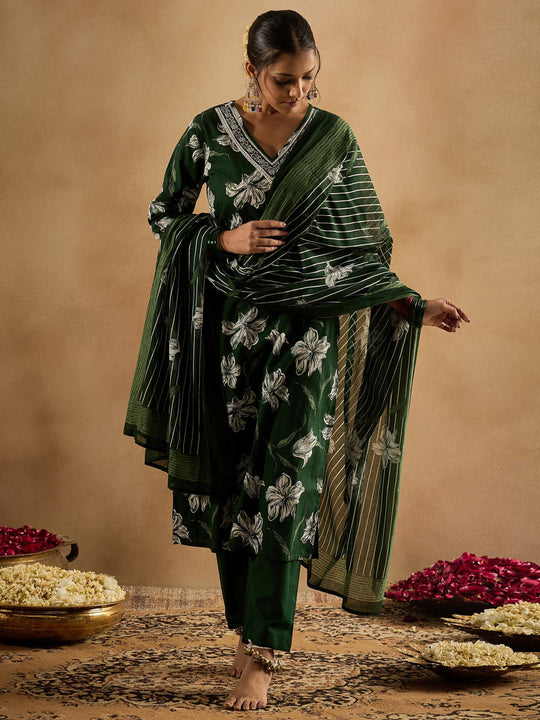 Indo Era Green Printed Straight Kurta Trousers With Dupatta Set