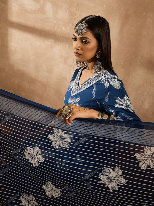 Indo Era Blue Printed Straight Kurta Trousers With Dupatta Set