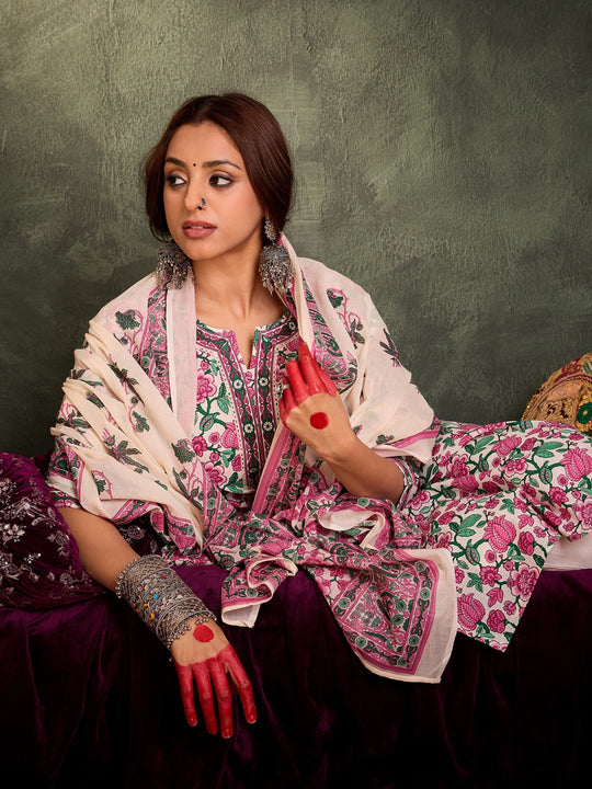 Indo Era Pink Printed Straight Kurta Trousers With Dupatta Set