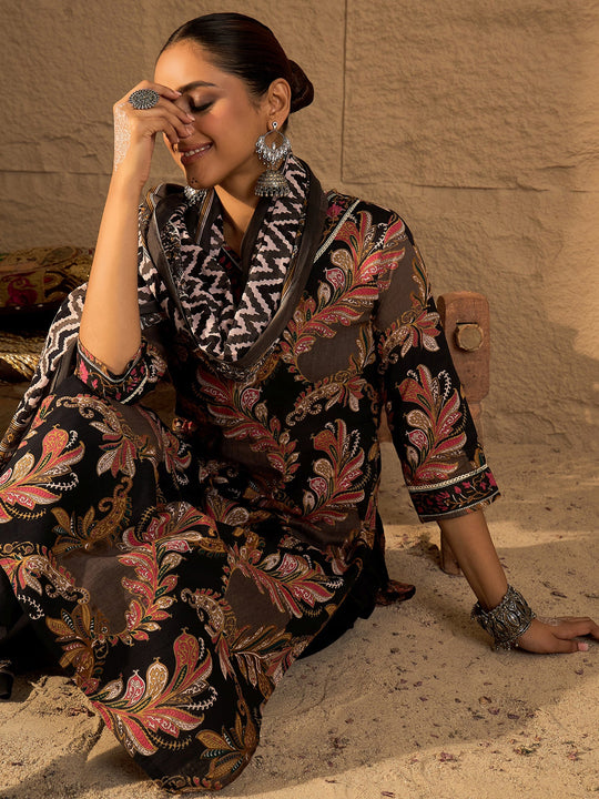 Black Embroidered Pure Cotton Straight Kurta Sets With Dupatta