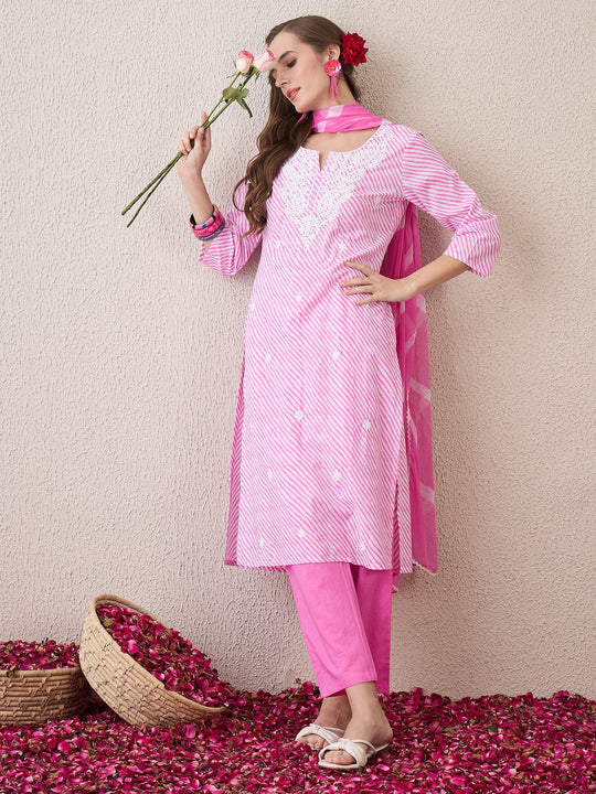 Indo Era Pink Embroidered Straight Kurta Trousers With Dupatta Set