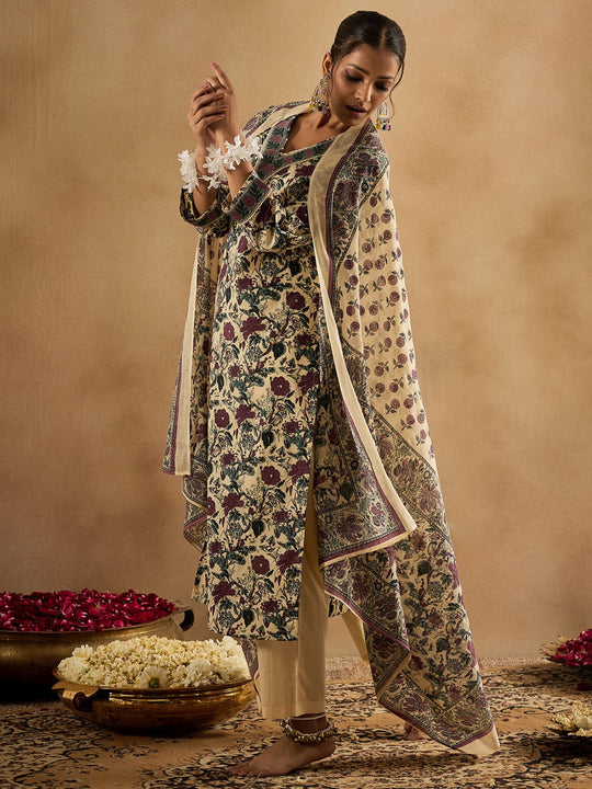 Indo Era Off White Printed Straight Kurta Trousers With Dupatta Set