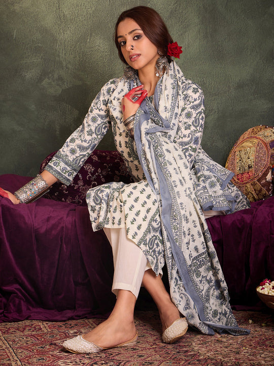 Indo Era Off White Printed Straight Kurta Trousers With Dupatta Set